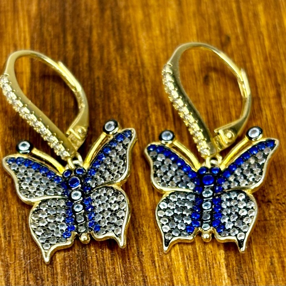 Beautiful Gold Plated 925 Blue Rhinestone Butterfly Earrings - Picture 1 of 10